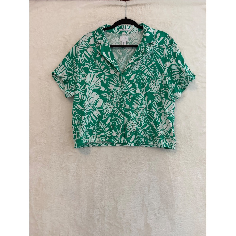 Nicole Miller New York Women M Green White Tropical Linen Button Down Crop Top